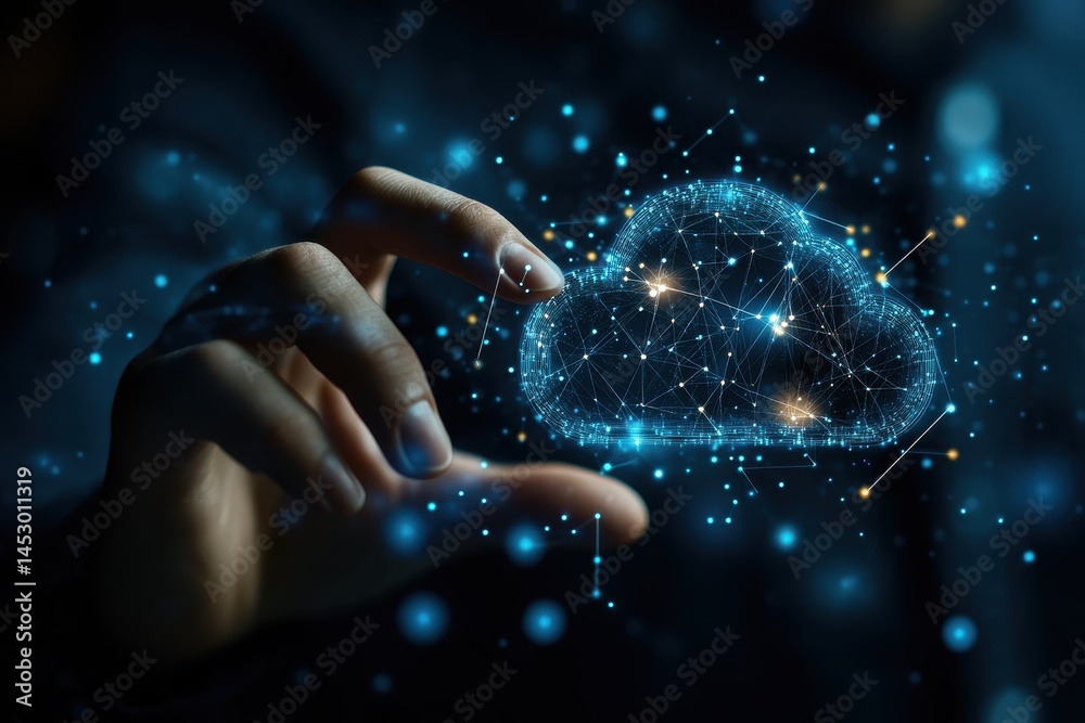Poster digital cloud technology interface displayed with data connections and an exploring hand in a futuri
