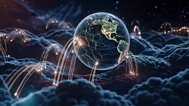Suspended within a vibrant nebula of glowing optical fibres, a bright Earth-like globe gently spins in space, its intricate patterns branching like neural pathways, while each strand pulses with signa