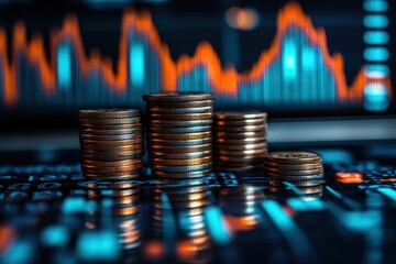 Stacks of coins arranged on a financial chart showing market trends and data analysis during a trading session in a modern workspace