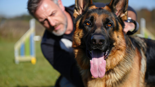 Man training German Shepherd dog outdoors during sunny day in a park setting