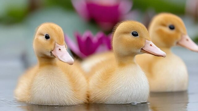 Quacking trio in water: Adorable fluffy ducklings float serenely on a tranquil pond, their yellow plumage and tiny beaks creating a heartwarming scene.