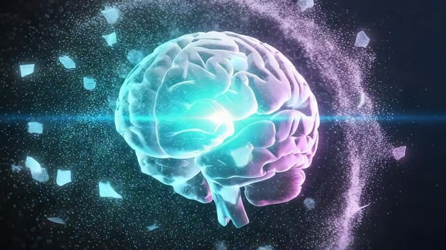 Rotating 3D brain with glowing burst of inspiration, emitting neural particles in deep space background

