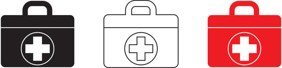 Obraz premium Red first aid kit. Medical car emergency equipment. Red black and line medical equipment easy to edit.