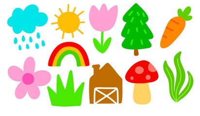 Cute hand drawn icons in a childish style. Including sun, rain, rainbow, trees, flowers, buildings, mushrooms and more. Suitable for decorating graphic elements and children's illustrations