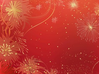 Golden fireworks illuminate a vibrant red background, scattering shimmering sparks across the scene, with a firework rocket in the lower corner enhancing the festive celebration