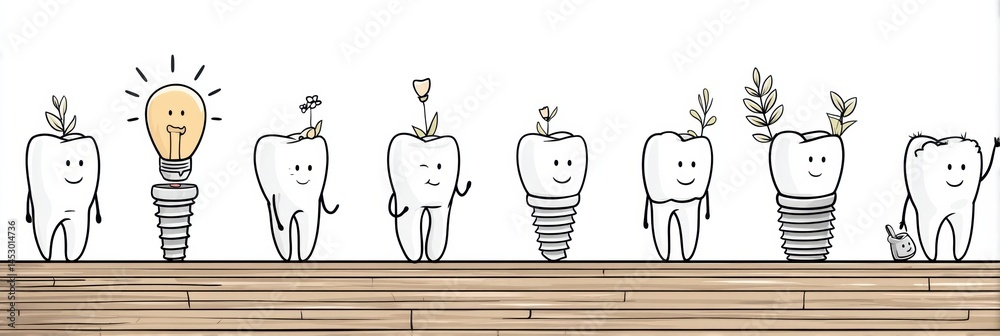 Fototapete cartoon sequence depicting tooth loss and implant recovery journey with clean line art and cheerful 