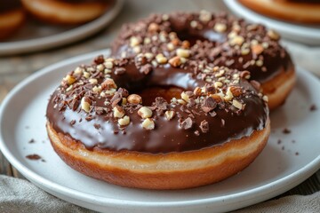 Freshly baked chocolate donuts topped with nuts served on a white plate in a cozy kitchen setting, evoking a warm and inviting atmosphere