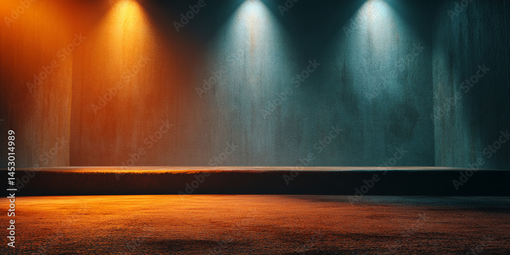 Poster dark room with textured walls, illuminated by orange and teal spotlights, showcasing a low platform 