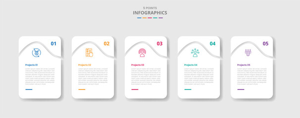 5 points template infographic with round box table with curve slice at header with drop shadow style with four stage list information