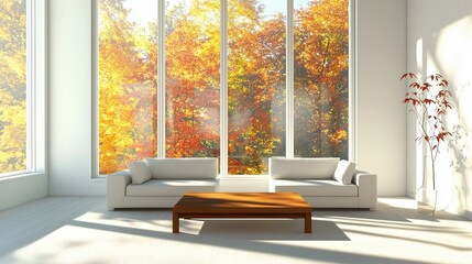 Modern living room with autumn view