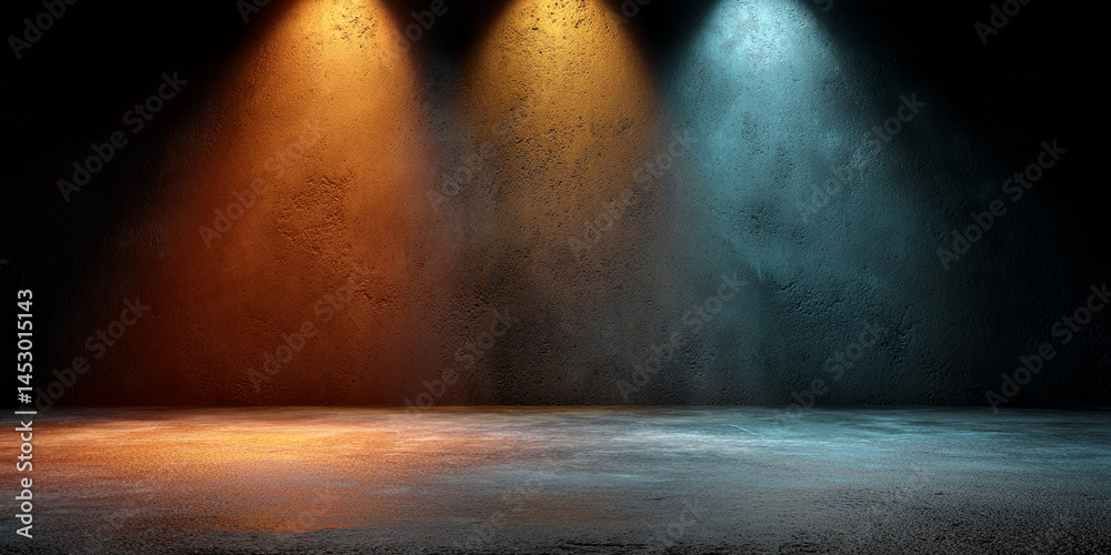Poster textured wall with orange and teal lighting, showcasing a stage-like empty space ideal for product p