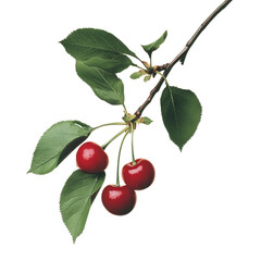 Ruby Red Cherries: A close-up image of luscious, ripe red cherries, still attached to their branch, evokes a sense of summer freshness and natural sweetness. Capturing the essence of simple delight.