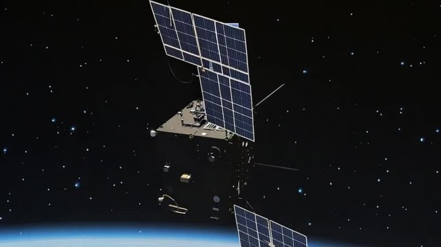 Satellite in orbit above Earth, equipped with solar panels.  Details of the spacecraft's structure and orientation are visible