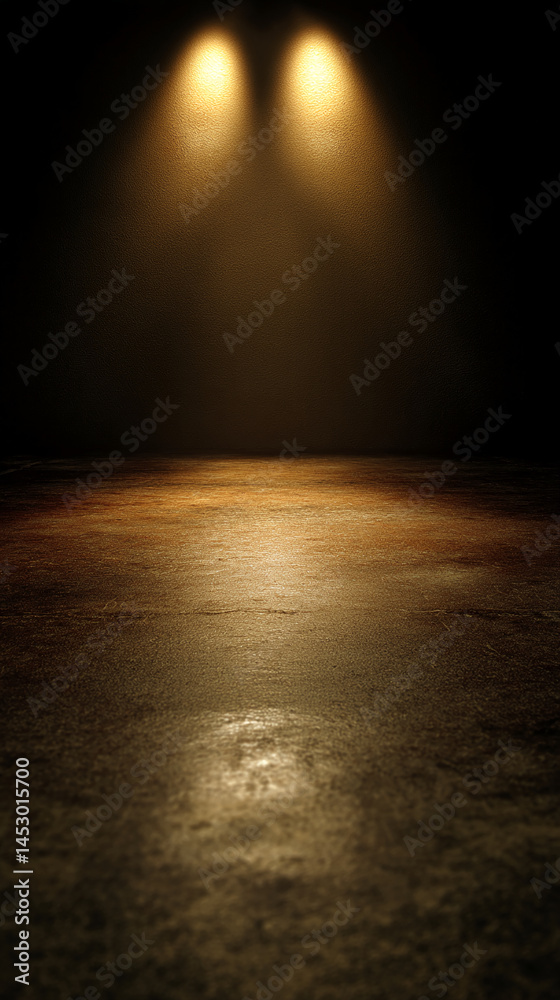 Poster dark brown textured wall and floor illuminated by two spotlights, creating a dramatic showcase, idea