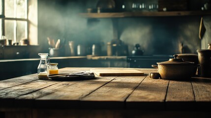 Empty rustic kitchen table with cookware and ingredients