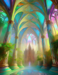 surreal cathedral, pastel lighting, gothic architecture, glowing spires, ethereal atmosphere, dreamlike setting, luminous haze, spiritual ambiance, stained glass colors, fantasy architecture