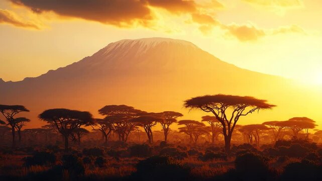 Majestic Sunrise Over Mount Kilimanjaro and African Savannah Landscape