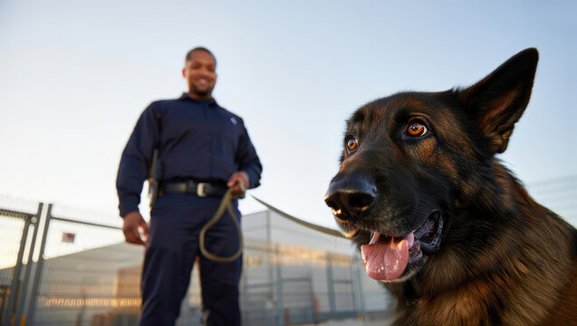 Police officer and German shepherd dog engage in training at a sunny outdoor facility