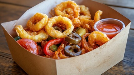 Crispy onion rings and vegetables in takeout box