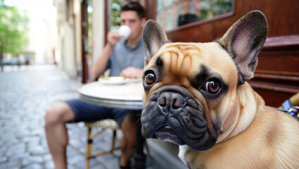 French bulldog relaxing at outdoor cafe while owner enjoys coffee in urban setting