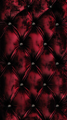 A detailed close up view of a vibrant red couch featuring black buttons
