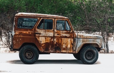 Old military off-road vehicle from the 70s covered in rust. Side view. Against a background of green vegetation. Brown, gray, green and rusty tones. Generated by Ai.