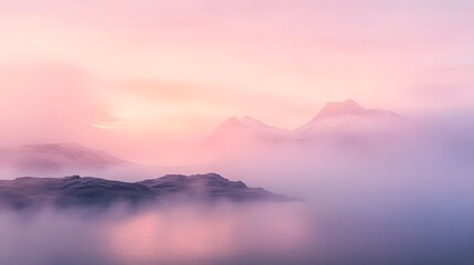 Misty Mountain Sunrise: Serene Pink Landscape
