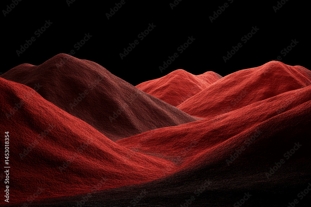 Poster red textured hills against black background, creating abstract landscape suitable for banner or wall