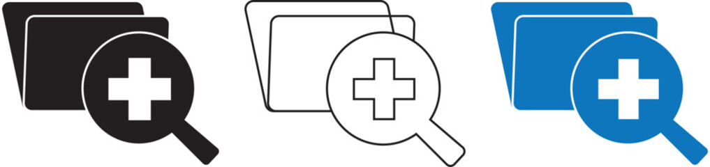 Medical report with magnifying glass. Find diagnosis, medical form with drugs vector illustration