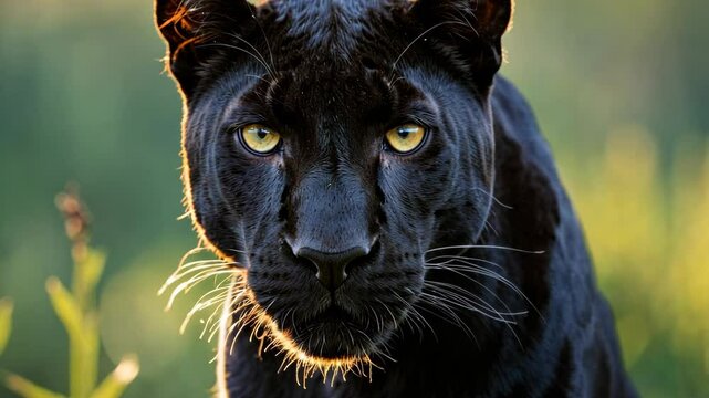 Close up of a black panther face video. Wild animal with intense gaze and black fur. Wildlife conservation concept footage for dangerous animal predators.