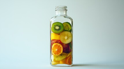Refreshing summer fruit infused water in glass bottle red kiwi lime diet food lemon drink juicy clean