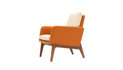 Fototapeta premium a mid century modern chair with angled wooden legs and an orange upholstered seat, centered on white