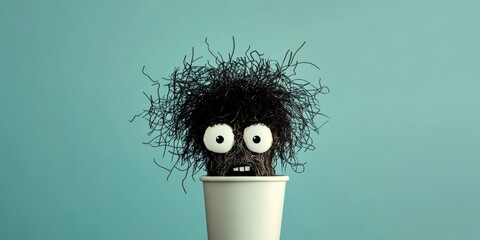 An Adorable and Unique Character with Wild, Colorful Hair Sitting Inside a Fun Cup