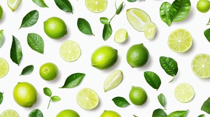 Fresh lime pattern with vibrant green limes and leaves.  A delightful arrangement of whole limes, slices, and leaves on a white background, showcasing the citrus fruit in its entirety