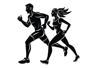 running man and woman line art silhouette vector illustration.