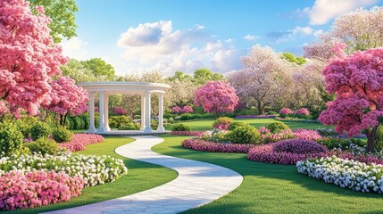 Fototapeta premium A springtime garden path winding to a gazebo.