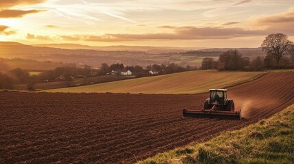 Fototapeta premium Tractor plowing field at sunset