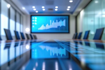 Modern conference room with large screen displaying financial data, reflecting on a glossy table, surrounded by executive chairs in a corporate setting.