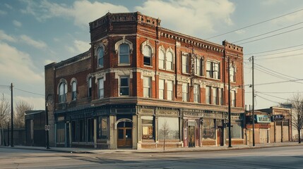 Exterior view of an old, weathered corner building.
