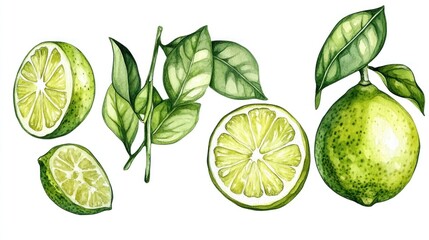 Fresh limes and leaves, vibrant watercolor illustration