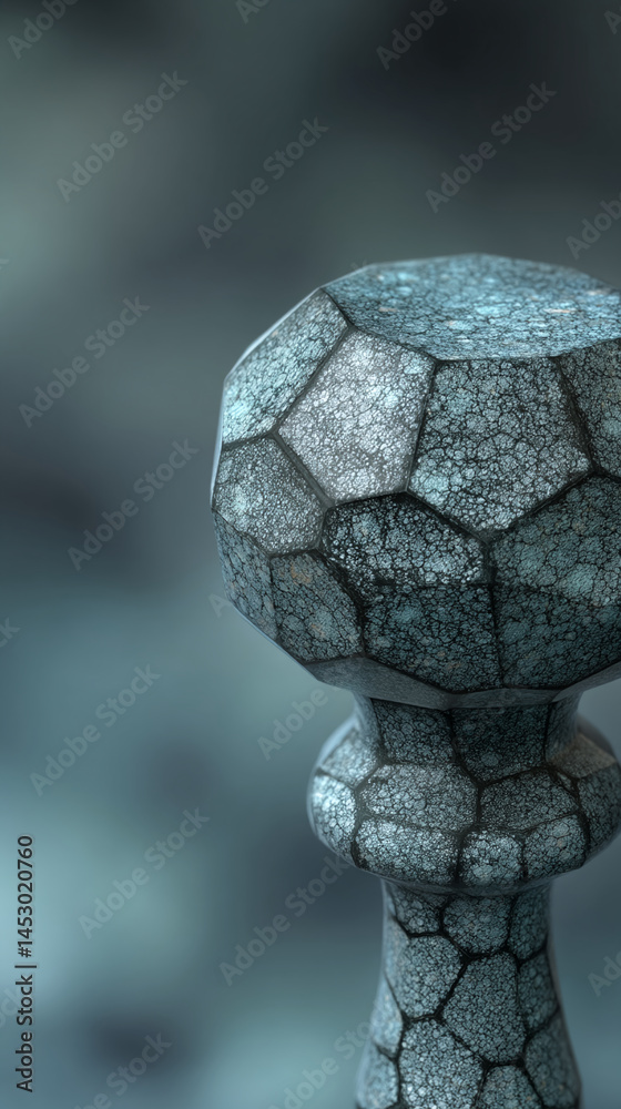 Poster close-up of a textured, geometric object resembling a pedestal, showcasing a cracked, blue-grey surf