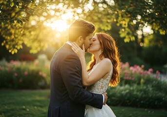 Fototapeta premium Golden Hour Kiss: Wedding Couple's Embrace in a Garden AI Generated