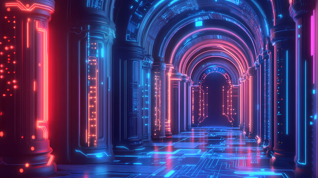 Classical architecture merged with circuit board in futuristic digital concept. [Neon Folklore] | Tech Ancestors | circuit heritage. Illustration
