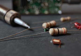 Electronics work bench. Focused on electrical resistor.