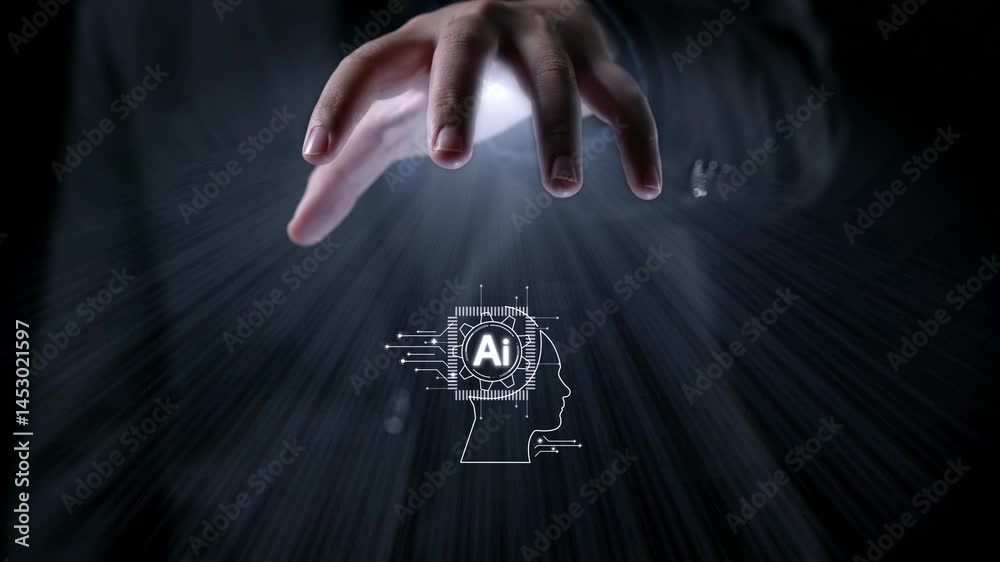 Poster human interact with ai artificial intelligence brain processor in concept of ai artificial intellige