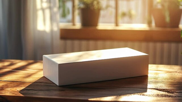 White box on a wooden table in warm sunlight.