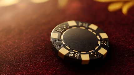 Close-up of a poker chip placed on a felt table at a casino during a late evening game session