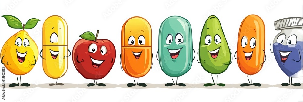 Poster cartoon vitamins smiling with cheerful expressions and colorful labels on a clean white background g