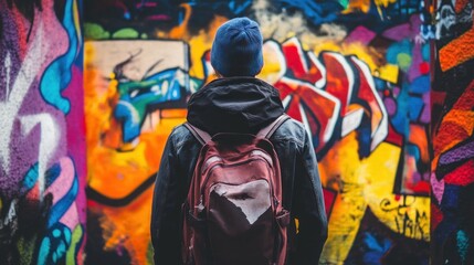 Obraz premium Urban Exploration: A Person with Backpack Amidst Vibrant Graffiti Art