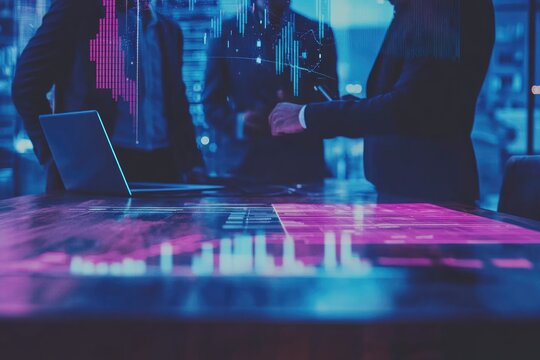 Business team analyzes data with augmented reality overlay, focused on growth and innovation, illuminated by neon accents on a futuristic table.